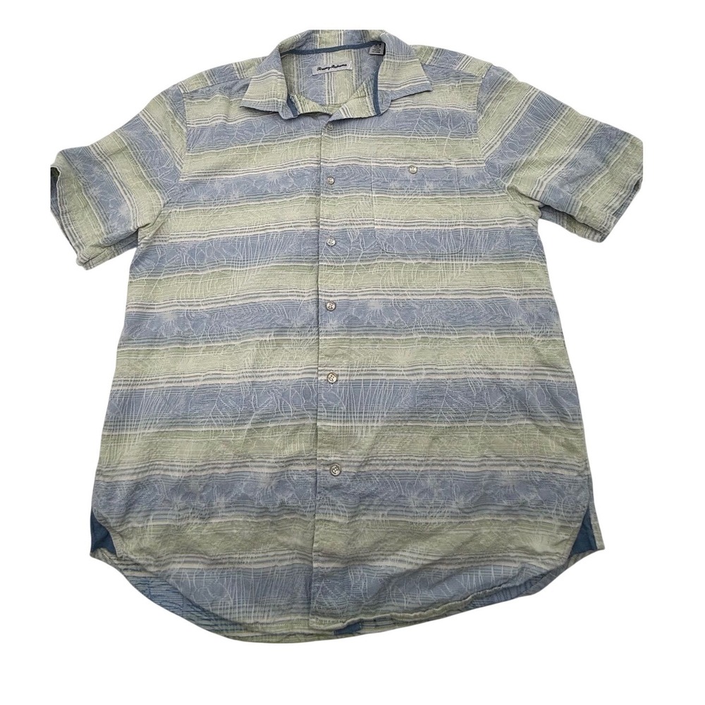 Tommy Bahama Mens‎ Blue Green Striped Floral Jacquard Short Sleeve Shirt Size M